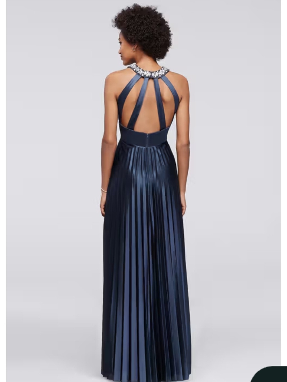 Sequin Hearts Navy Pleated Backless Evening Gown with Jeweled Halter
